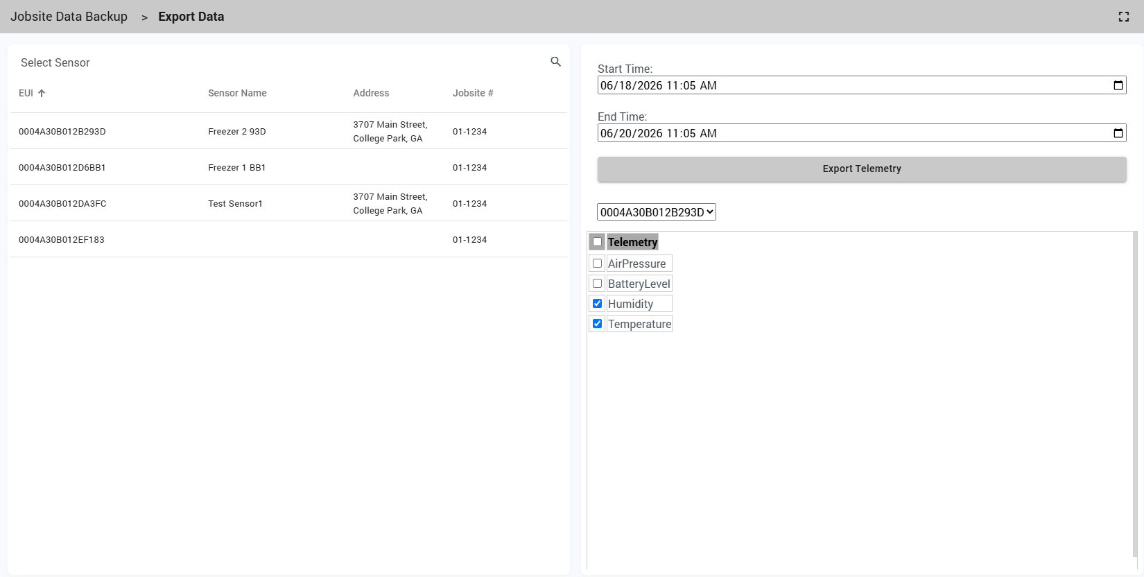 FinishSure data export screen showing sensor selection, date range, and telemetry export options
