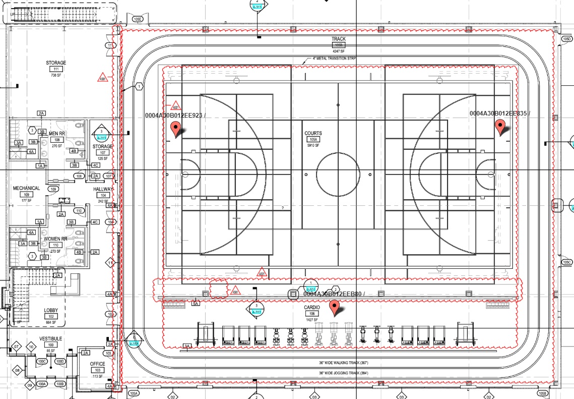 FinishSure floorplan view with sensors placed on a gym construction drawing